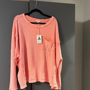 Easel Coral Ribbed Long Sleeve Top